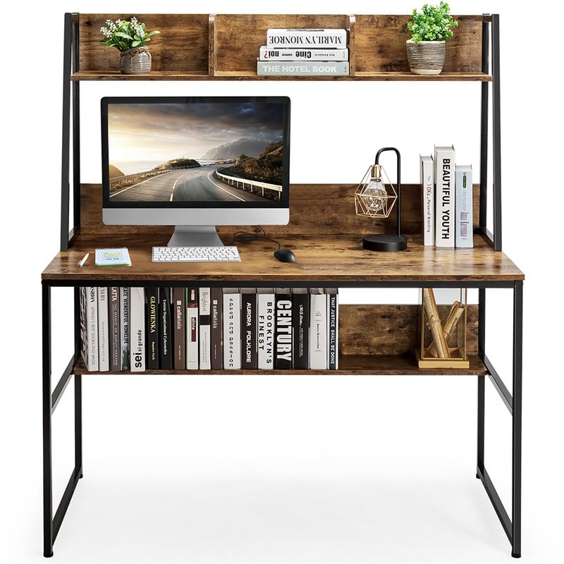 Pemberly Row 47'' Wood Computer Desk w/ 3 Storage Cubes & Open Bookcase in Brown