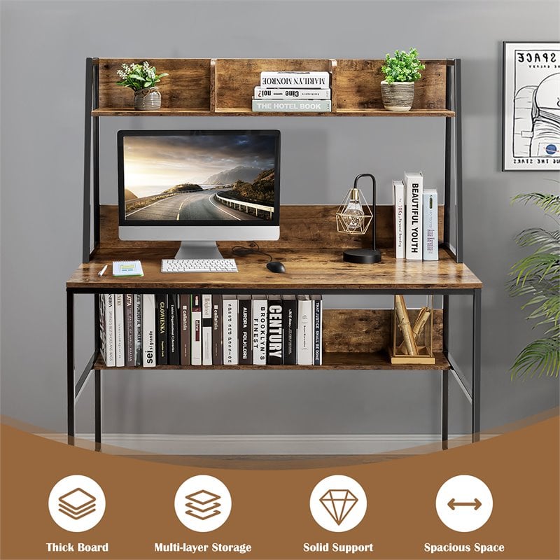 Pemberly Row 47'' Wood Computer Desk w/ 3 Storage Cubes & Open Bookcase in Brown