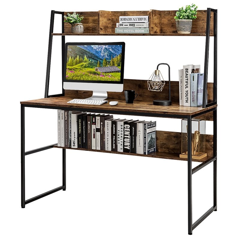 Pemberly Row 47'' Wood Computer Desk w/ 3 Storage Cubes & Open Bookcase in Brown