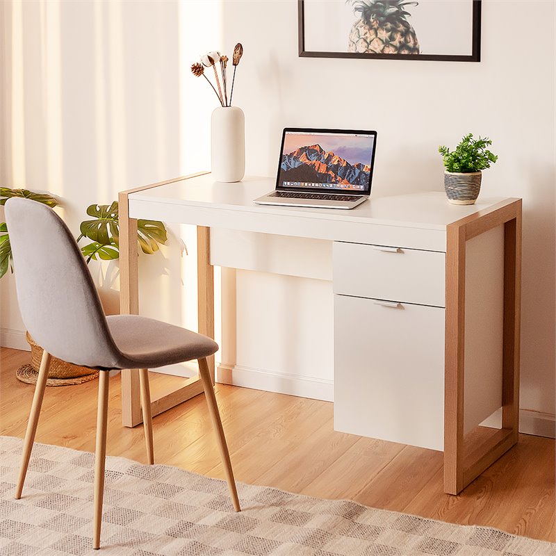 Pemberly Row Contemporary Engineered Wood Computer Desk with Drawers in Natural