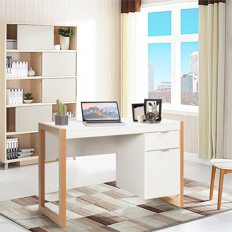 Pemberly Row Contemporary Engineered Wood Computer Desk with Drawers in Natural