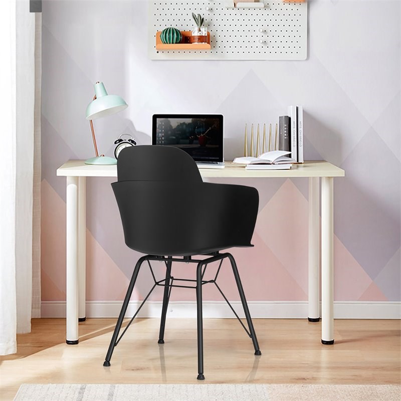 Pemberly Row Plastic & Iron Dining Chair w/ Petal-Shape Seat in Black (Set of 2)