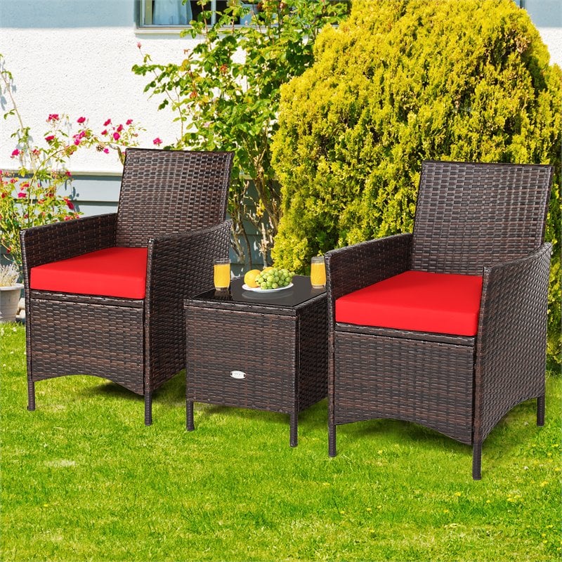 Pemberly Row 3-piece Rattan Patio Furniture Set with Glass Tabletop in Red