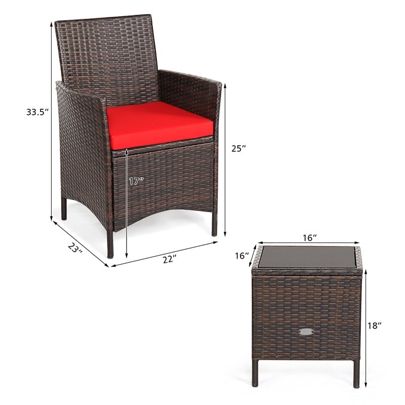 Pemberly Row 3-piece Rattan Patio Furniture Set with Glass Tabletop in Red