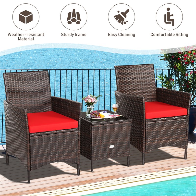 Pemberly Row 3-piece Rattan Patio Furniture Set with Glass Tabletop in Red