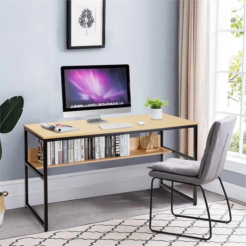 Pemberly Row 55'' Engineered Wood Computer Desk with Storage Shelf in Natural