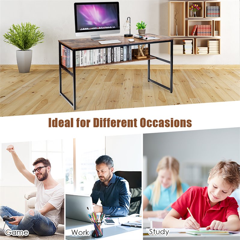 Pemberly Row 55'' Engineered Wood Computer Desk with Storage Shelf in Brown