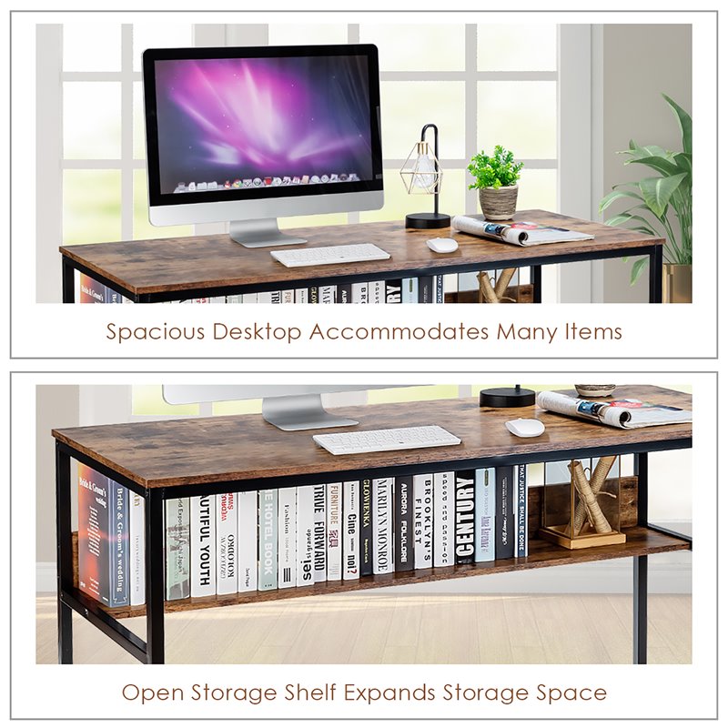 Pemberly Row 55'' Engineered Wood Computer Desk with Storage Shelf in Brown
