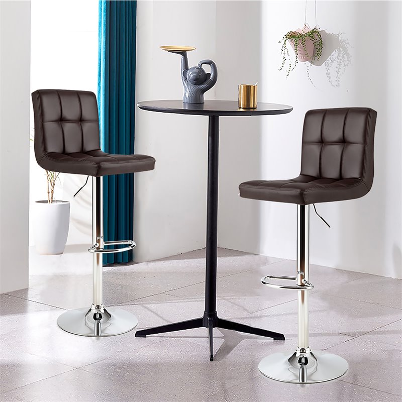 Pemberly Row PU Leather & Metal Adjustable Swivel Bar Stools in Brown (Set of 2)
