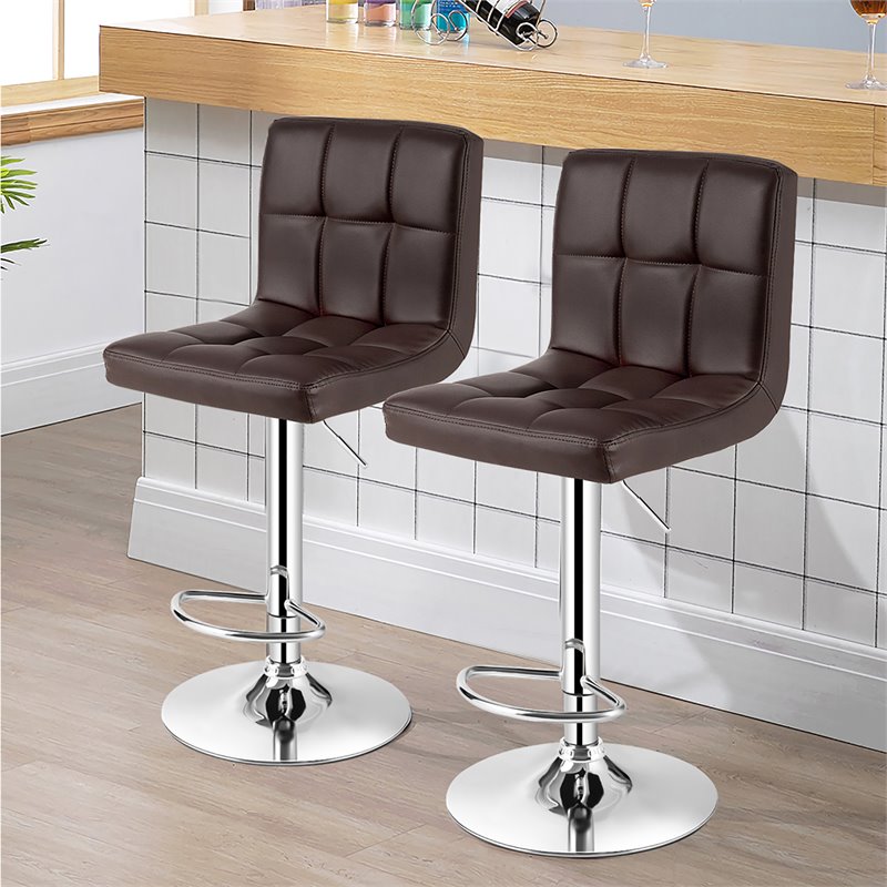 Pemberly Row PU Leather & Metal Adjustable Swivel Bar Stools in Brown (Set of 2)