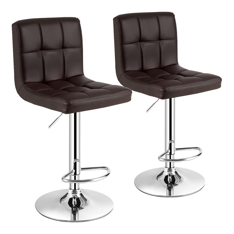 Pemberly Row PU Leather & Metal Adjustable Swivel Bar Stools in Brown (Set of 2)