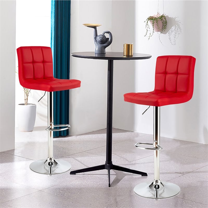 Pemberly Row PU Leather and Metal Adjustable Swivel Bar Stools in Red (Set of 2)