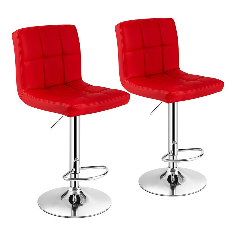Pemberly Row PU Leather and Metal Adjustable Swivel Bar Stools in Red (Set of 2)