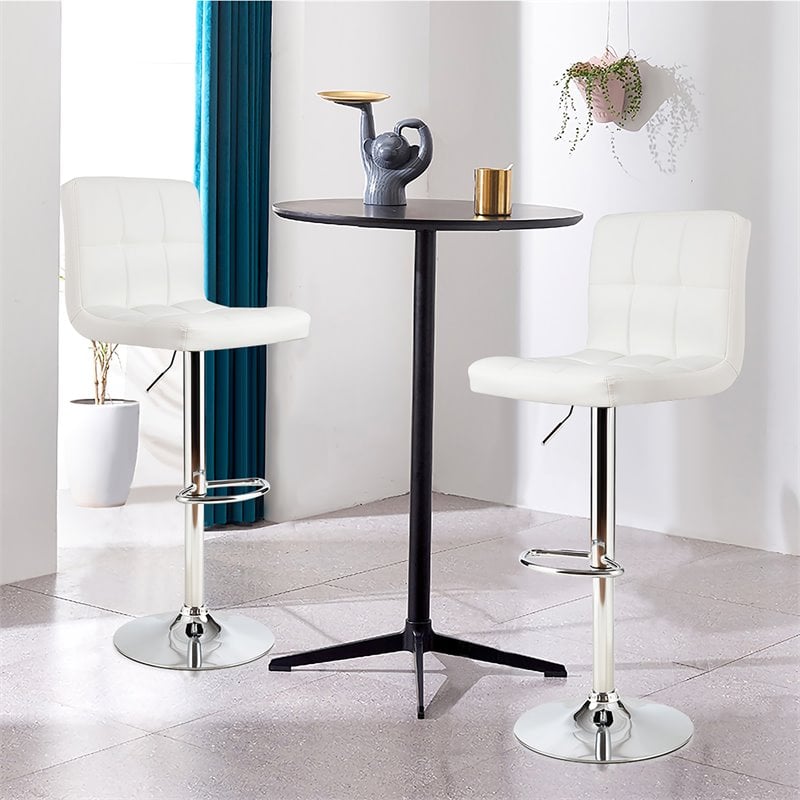 Pemberly Row PU Leather & Metal Adjustable Swivel Bar Stools in White (Set of 2)