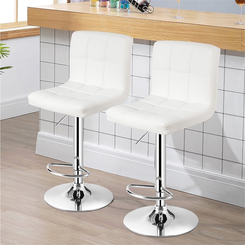 Pemberly Row PU Leather & Metal Adjustable Swivel Bar Stools in White (Set of 2)