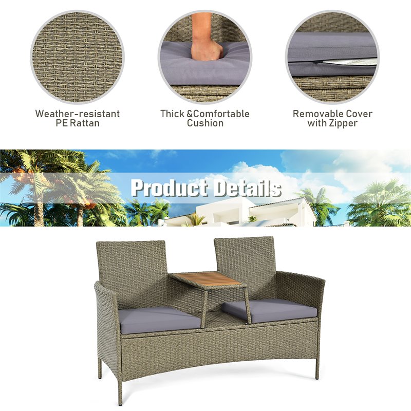 Pemberly Row Rattan Patio Conversation Set with Loveseat & Coffee Table in Gray