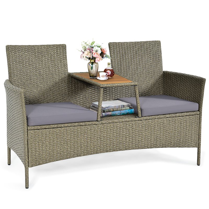 Pemberly Row Rattan Patio Conversation Set with Loveseat & Coffee Table in Gray