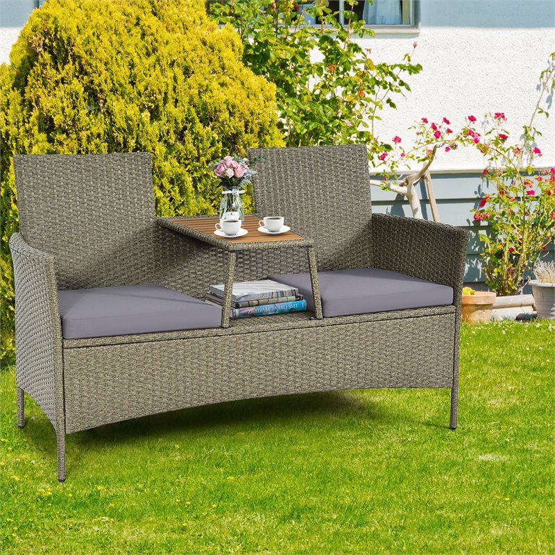Pemberly Row Rattan Patio Conversation Set with Loveseat & Coffee Table in Gray