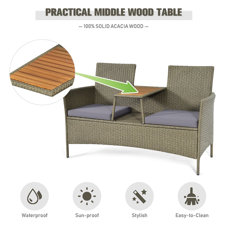 Pemberly Row Rattan Patio Conversation Set with Loveseat & Coffee Table in Gray