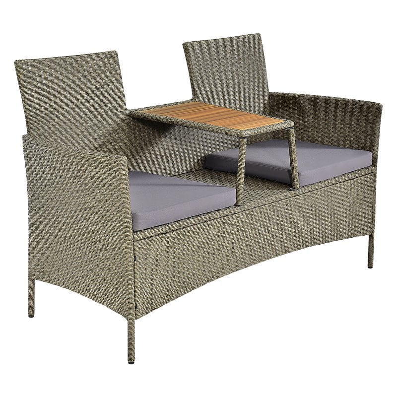 Pemberly Row Rattan Patio Conversation Set with Loveseat & Coffee Table in Gray