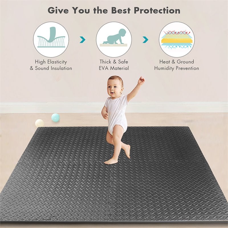 Pemberly Row 12-Pc Puzzle Exercise Floor Mats with Interlocking Tiles in Black