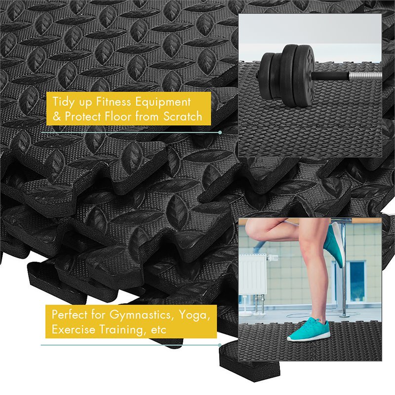 Pemberly Row 12-Pc Puzzle Exercise Floor Mats with Interlocking Tiles in Black