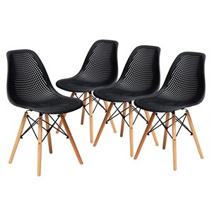 Pemberly Row 32.5&quot Plastic Hollow-Out Chairs w/ Wood Legs-Black Seat (Set of 4)