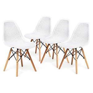 Pemberly Row 32.5&quot Plastic Hollow-Out Chairs w/ Wood Legs-White Seat (Set of 4)