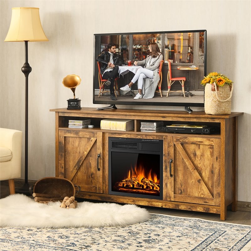 Pemberly Row 60'' TV Stand Entertainment Center with Electric Fireplace in Brown