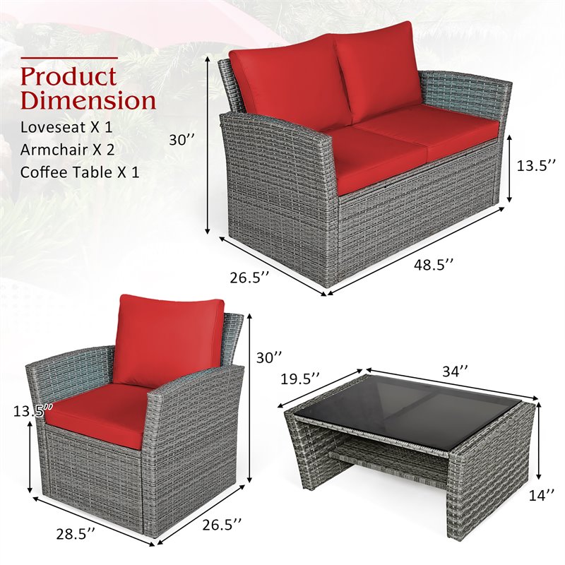 Pemberly Row 4-piece Rattan Patio Furniture Set with Storage Shelf in Red
