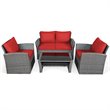 Pemberly Row 4-piece Rattan Patio Furniture Set with Storage Shelf in Red