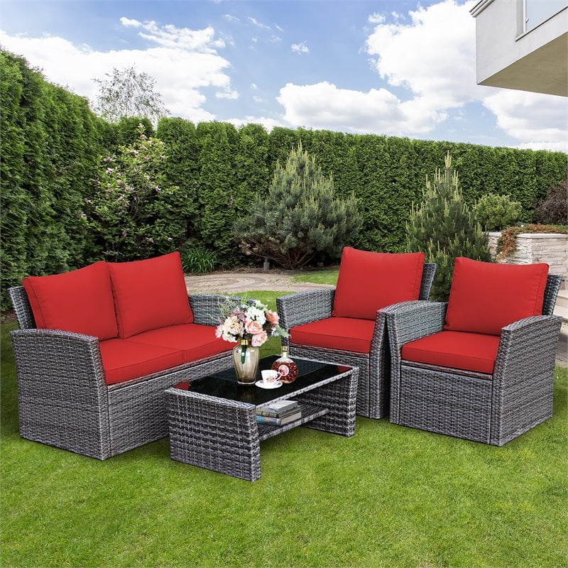 Pemberly Row 4-piece Rattan Patio Furniture Set with Storage Shelf in Red