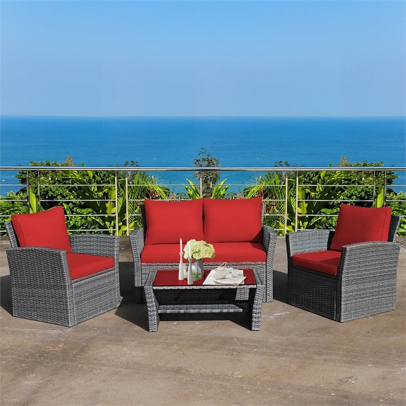 Pemberly Row 4-piece Rattan Patio Furniture Set with Storage Shelf in Red