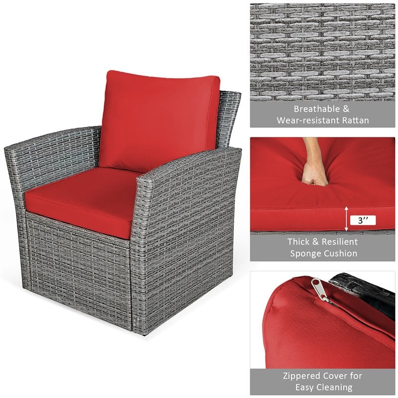 Pemberly Row 4-piece Rattan Patio Furniture Set with Storage Shelf in Red