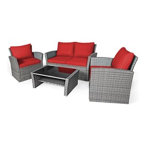 Pemberly Row 4-piece Rattan Patio Furniture Set with Storage Shelf in Red