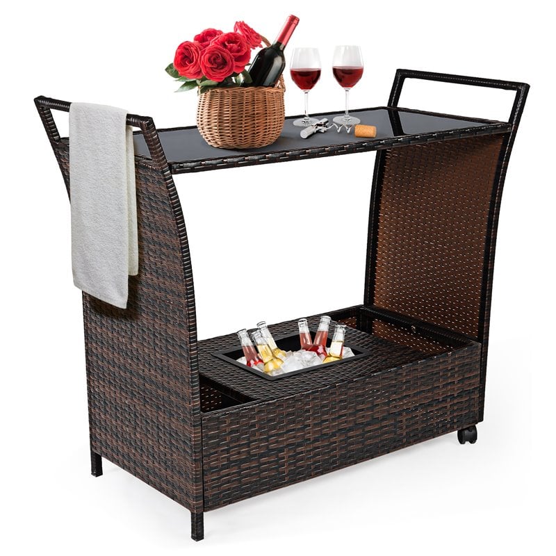 Pemberly Row Contemporary Rattan and Steel Patio Bar Serving Cart in Brown