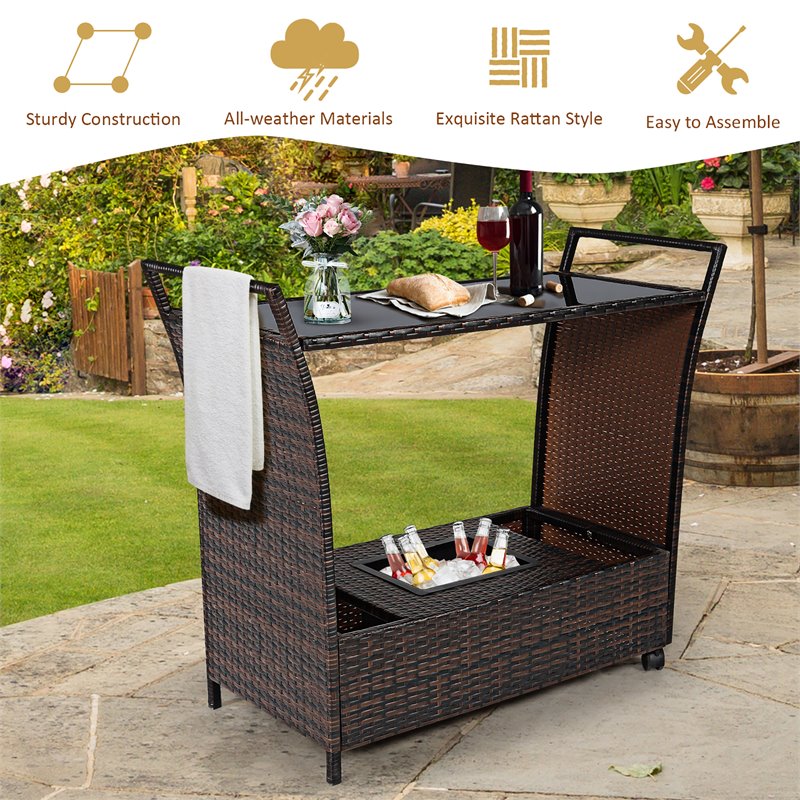 Pemberly Row Contemporary Rattan and Steel Patio Bar Serving Cart in Brown