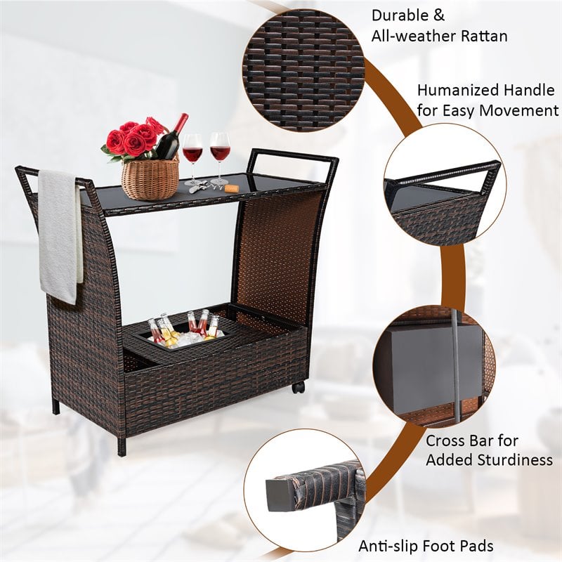 Pemberly Row Contemporary Rattan and Steel Patio Bar Serving Cart in Brown