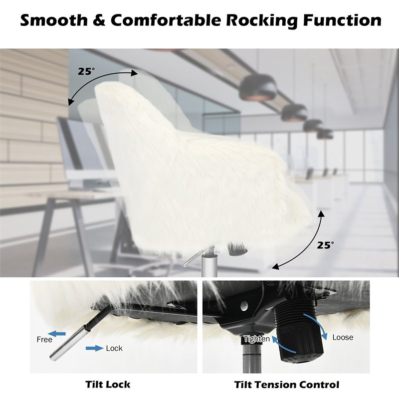 Pemberly Row Metal Sponge and Faux Fur Adjustable Swivel Office Chair in Beige