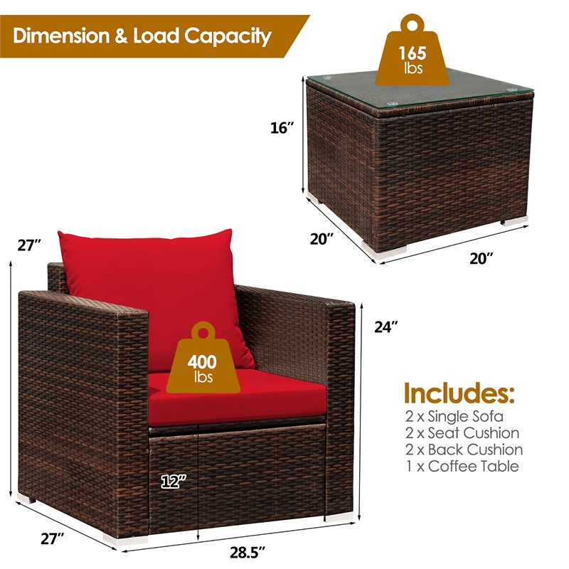 Pemberly Row 3-piece Rattan Patio Furniture Set with Cushions in Red