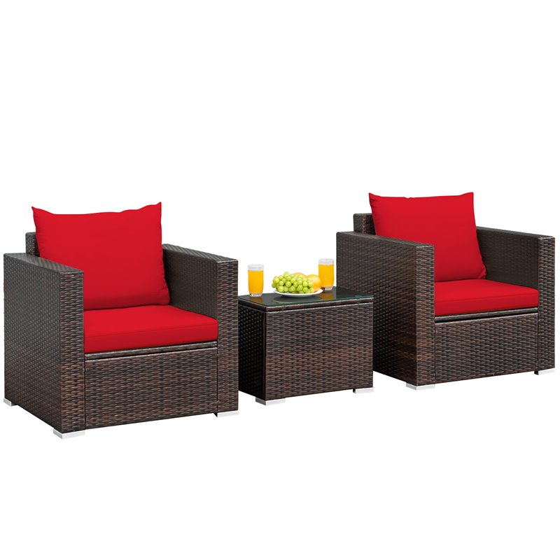 Pemberly Row 3-piece Rattan Patio Furniture Set with Cushions in Red