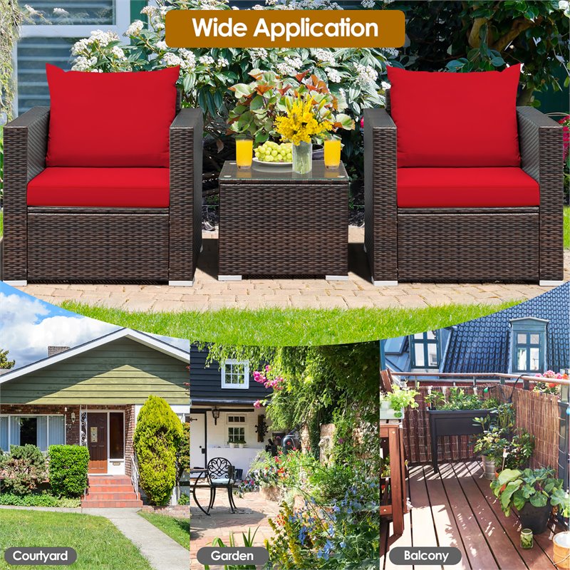 Pemberly Row 3-piece Rattan Patio Furniture Set with Cushions in Red