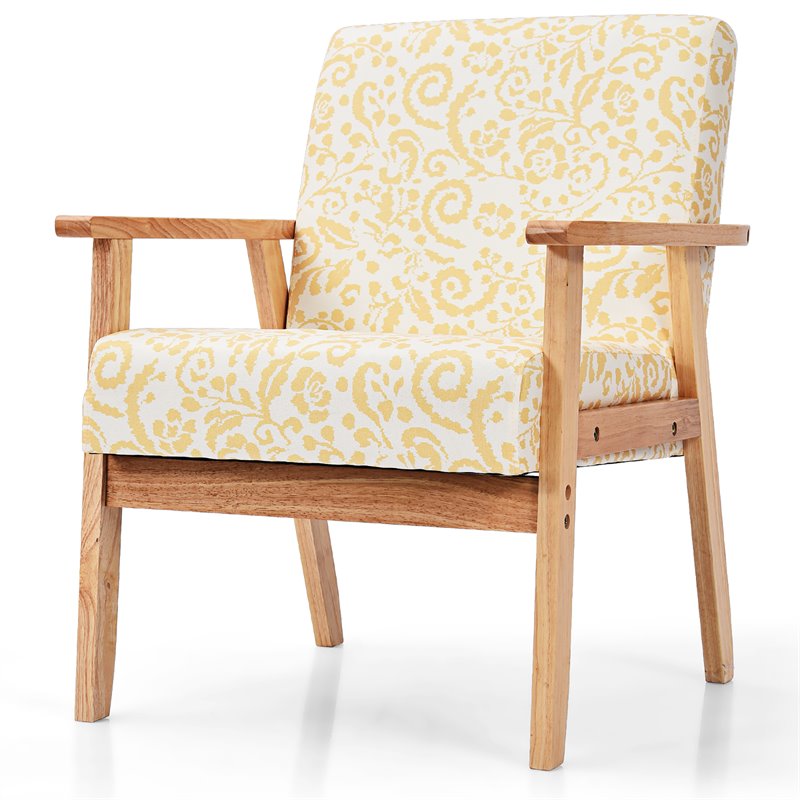 Pemberly Row Sponge & Fabric Accent Armchair with Rubber Wood Leg in Yellow