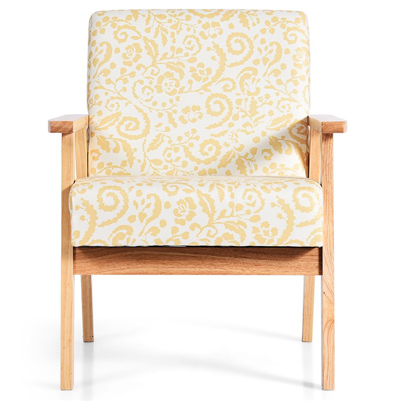 Pemberly Row Sponge & Fabric Accent Armchair with Rubber Wood Leg in Yellow