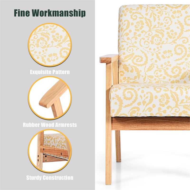 Pemberly Row Sponge & Fabric Accent Armchair with Rubber Wood Leg in Yellow