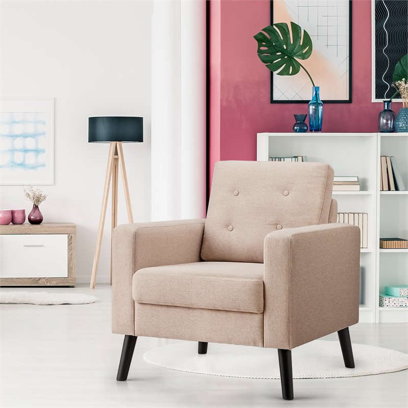 Pemberly Row Contemporary Fabric Accent Chair with Rubber Wood Legs in Beige
