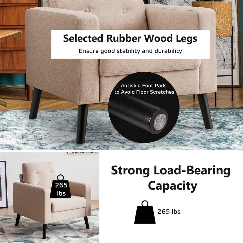 Pemberly Row Contemporary Fabric Accent Chair with Rubber Wood Legs in Beige