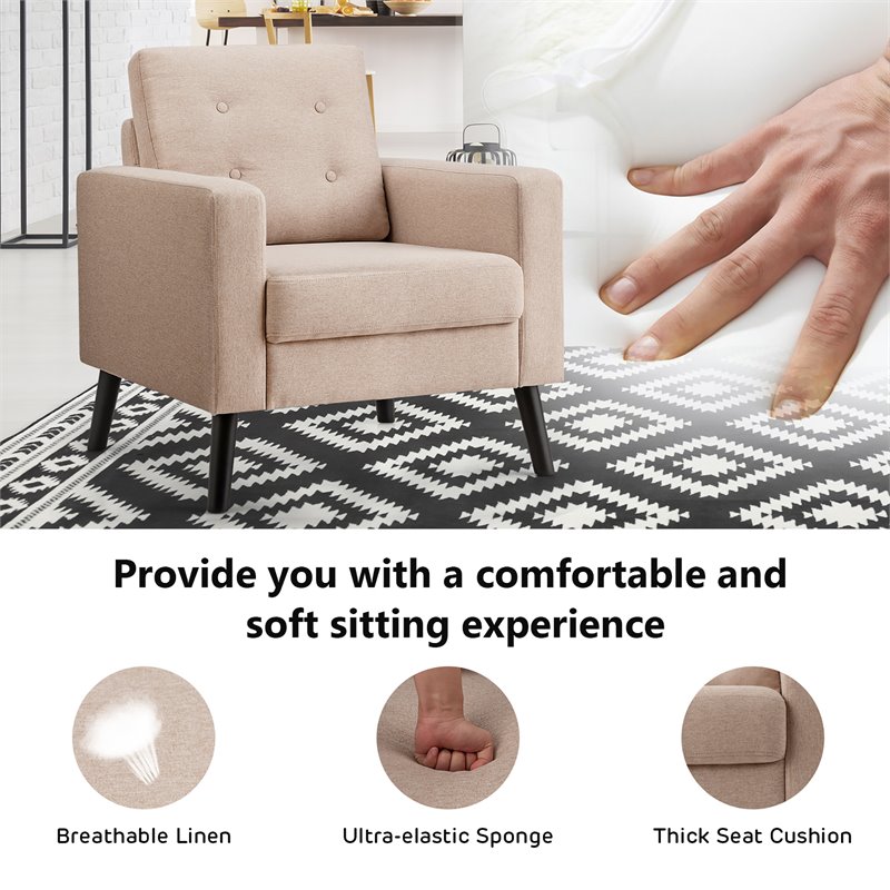 Pemberly Row Contemporary Fabric Accent Chair with Rubber Wood Legs in Beige