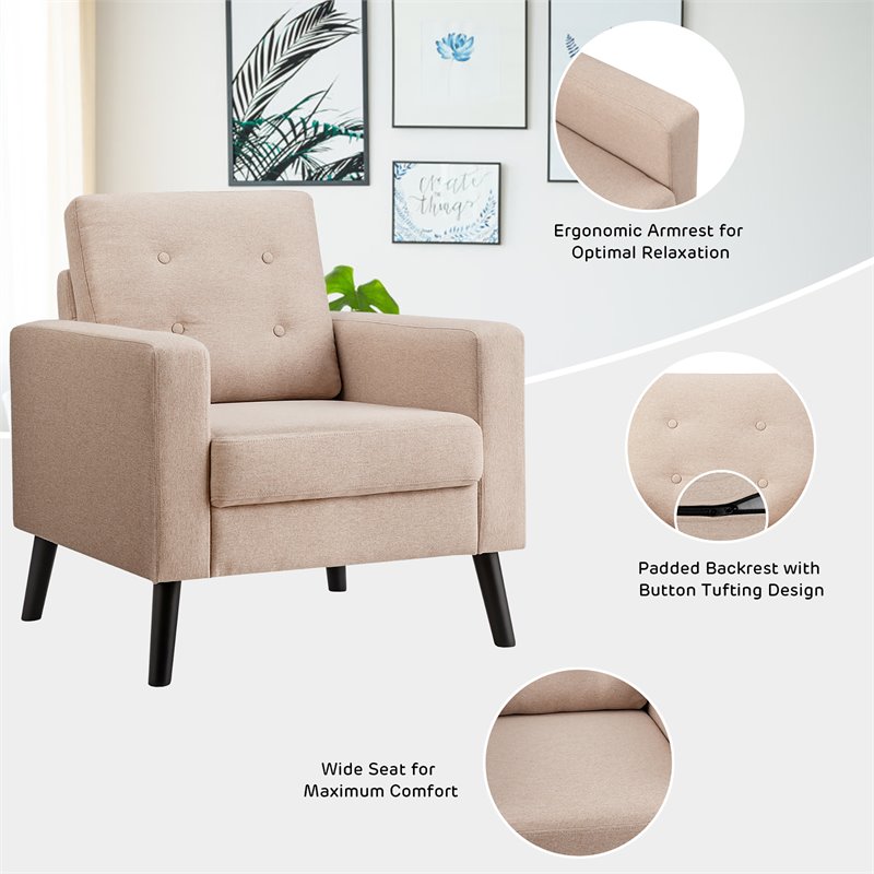 Pemberly Row Contemporary Fabric Accent Chair with Rubber Wood Legs in Beige