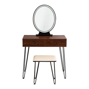 Pemberly Row Vanity Makeup Dressing Table with Mirror Touch Switch in Coffee